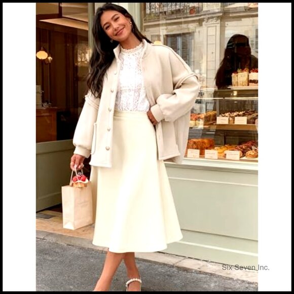 Oversized Button Down Jacket Lantern Sleeve Coat Mock Neck Casual Outerwear - Picture 3 of 7